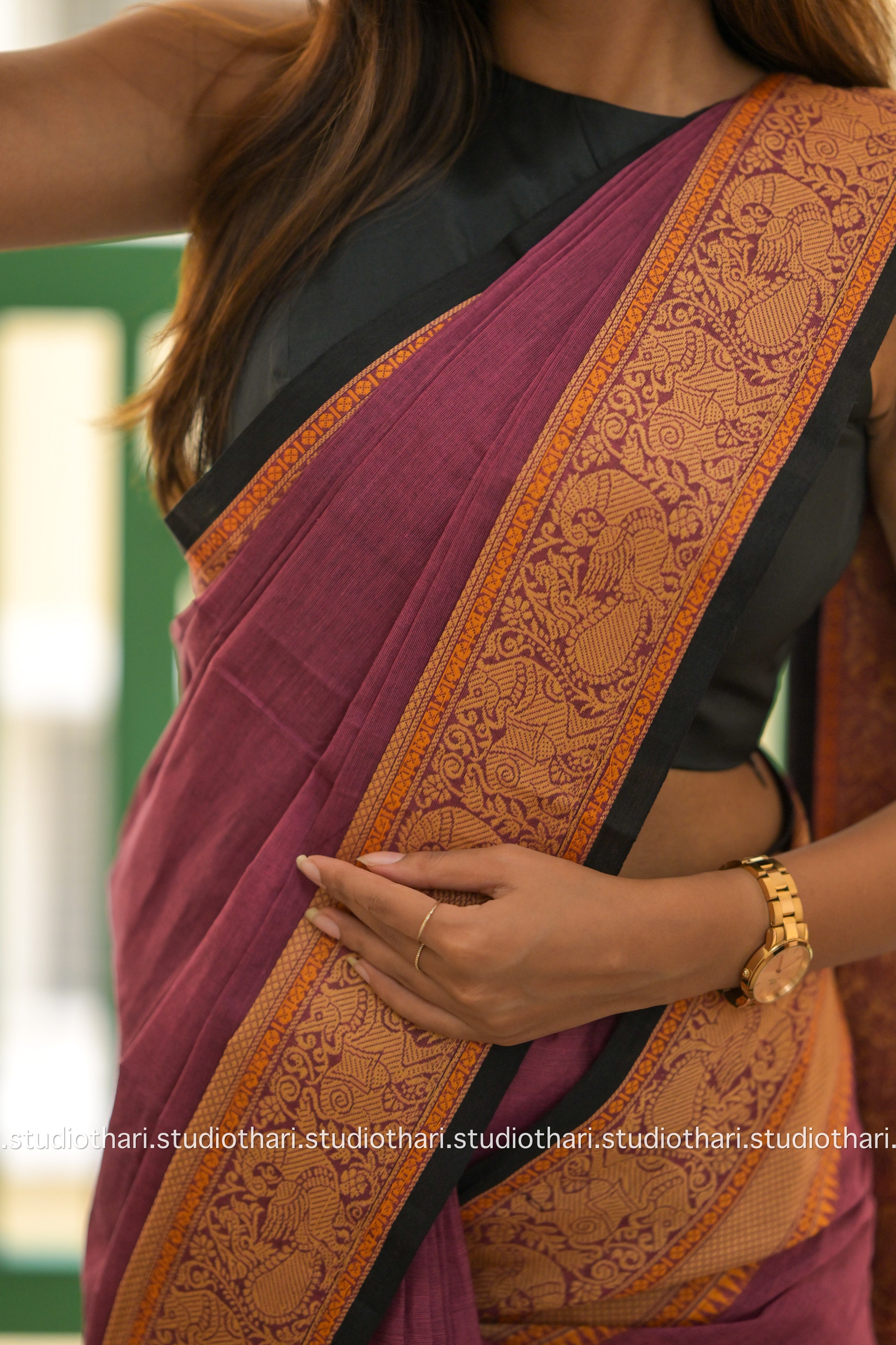 Dark pink with Gold border “Parvati” Bold and Beautiful Chettinad cotton saree